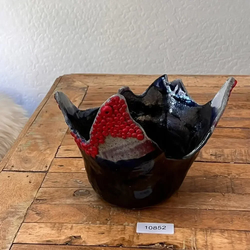 Handcrafted Abstract Ceramic Planter Vase Textured Dark Glaze